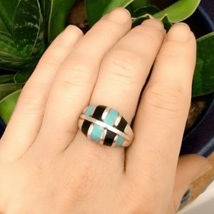 Vintage Turquoise & Onyx Inlay Sterling Ring